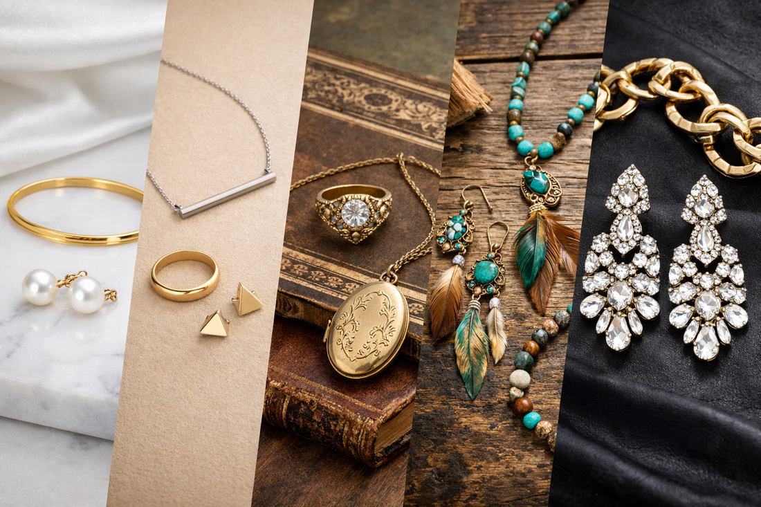 Различни стилове бижута – класически, минималистични, винтидж и бохо бижута, подредени в колаж
