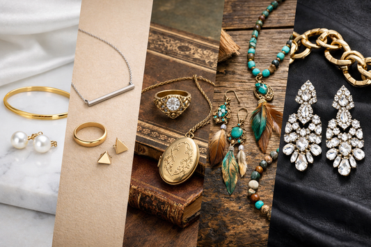 Различни стилове бижута – класически, минималистични, винтидж и бохо бижута, подредени в колаж